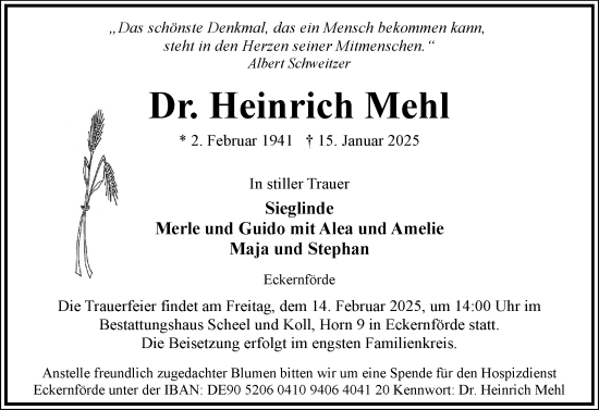 Traueranzeige von Heinrich Mehl von Eckernförder Zeitung, Hallo Eckernförde