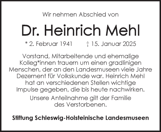 Traueranzeige von Heinrich Mehl von Schleswiger Nachrichten, Schlei-Bote