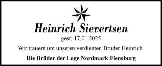 Traueranzeige von Heinrich Sievertsen von Flensburger Tageblatt