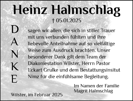 Traueranzeige von Heinz Halmschlag von Norddeutsche Rundschau, Wilstersche Zeitung, Glückstädter Fortuna
