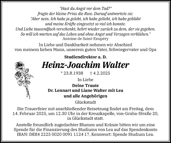 Traueranzeige von Heinz-Joachim Walter von Norddeutsche Rundschau, Wilstersche Zeitung, Glückstädter Fortuna
