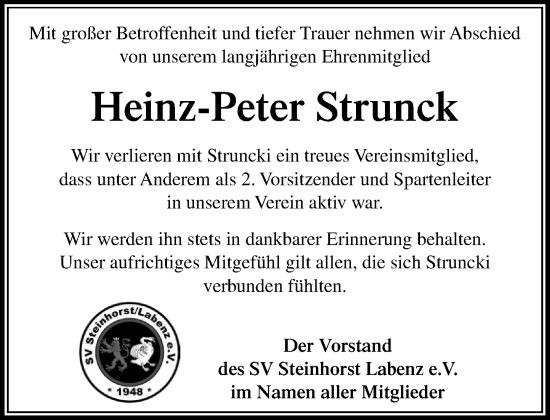 Traueranzeige von Heinz-Peter Strunck von MARKT Ahrensburg/Bargteheide/Trittau und Stormarner Tageblatt
