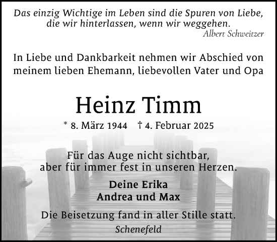 Traueranzeige von Heinz Timm von Region Pinneberg und tip Pinneberg