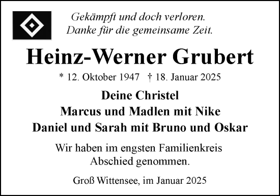 Traueranzeige von Heinz-Werner Grubert von Eckernförder Zeitung, Hallo Eckernförde