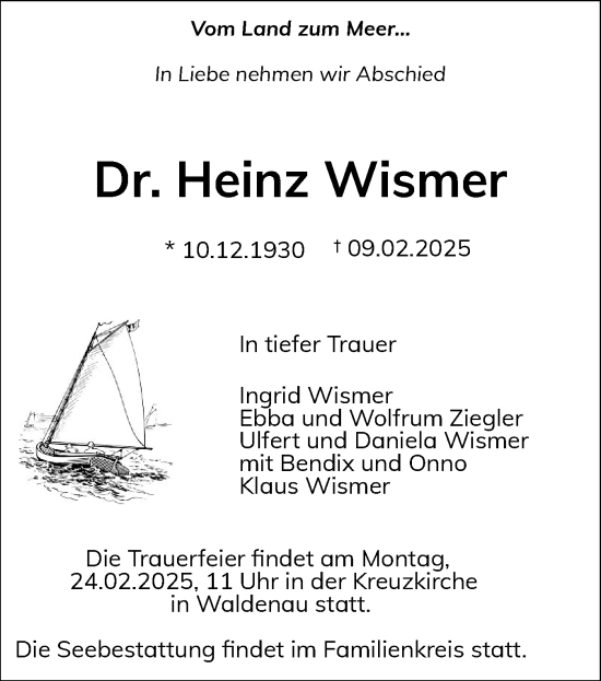 Traueranzeige von Heinz Wismer von Region Pinneberg und tip Pinneberg