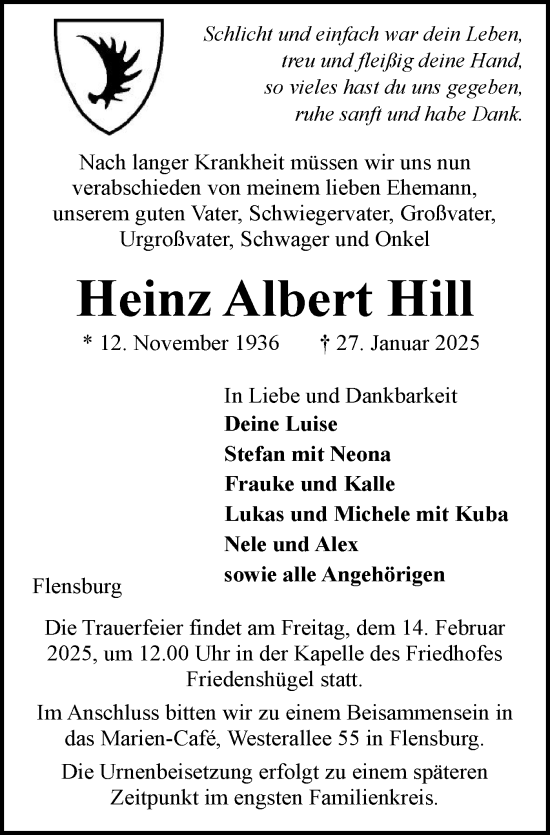 Traueranzeige von Heinz Albert Hill von Flensburger Tageblatt