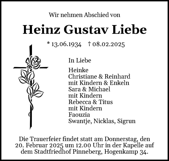 Traueranzeige von Heinz Gustav Liebe von Elmshorner Nachrichten, Barmstedter Zeitung