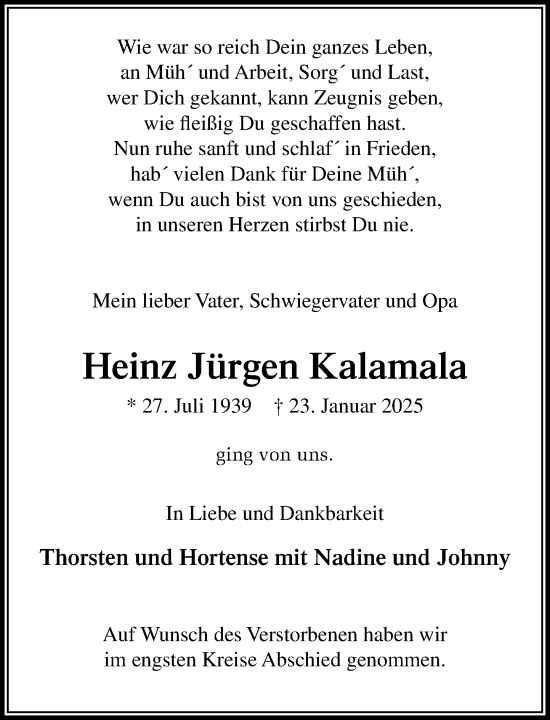 Traueranzeige von Heinz Jürgen Kalamala von MARKT Glinde/Reinfeld