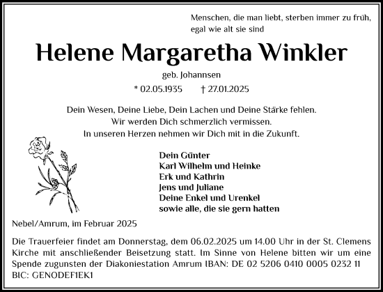 Traueranzeige von Helene Margaretha Winkler von Der Insel-Bote