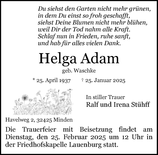Traueranzeige von Helga Adam von Wochenend Anzeiger