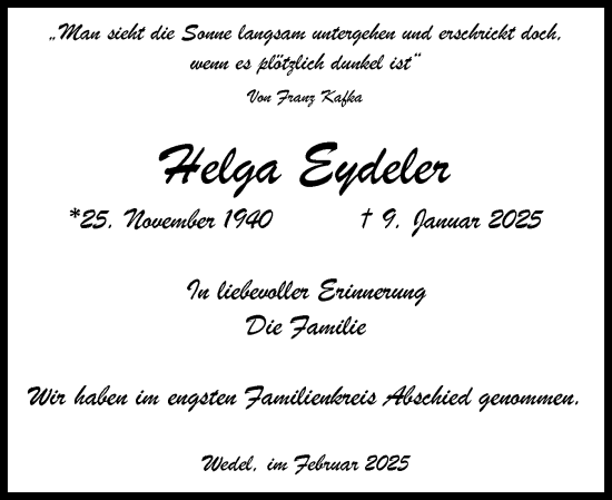 Traueranzeige von Helga Eydeler von Wedel-Schulauer Tageblatt, tip Wedel-Schulauer Tageblatt, tip Rissener Rundschau