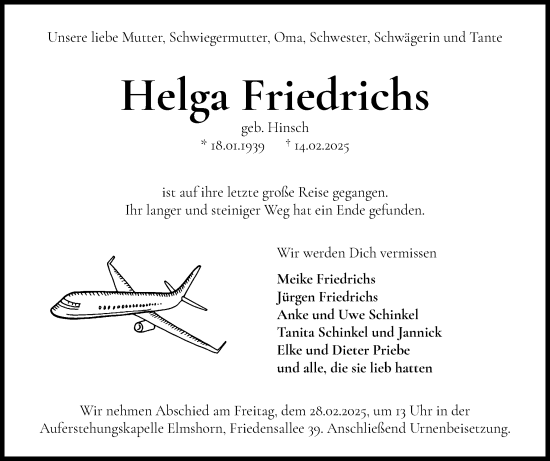 Traueranzeige von Helga Friedrichs von Elmshorner Nachrichten, Barmstedter Zeitung