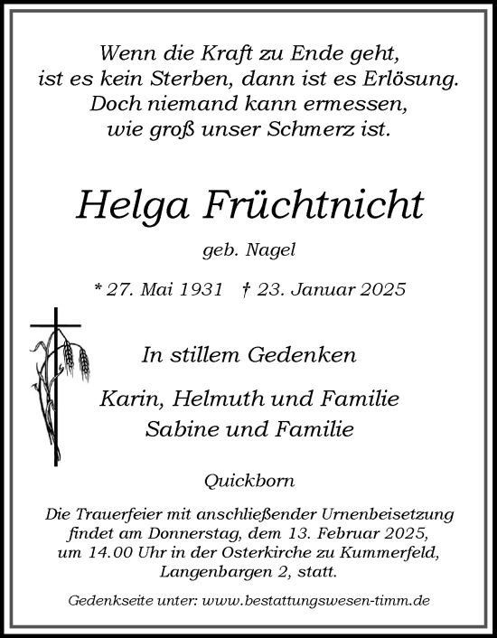 Traueranzeige von Helga Früchtnicht von Elmshorner Nachrichten, Barmstedter Zeitung