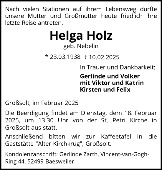 Traueranzeige von Helga Holz von Flensburger Tageblatt