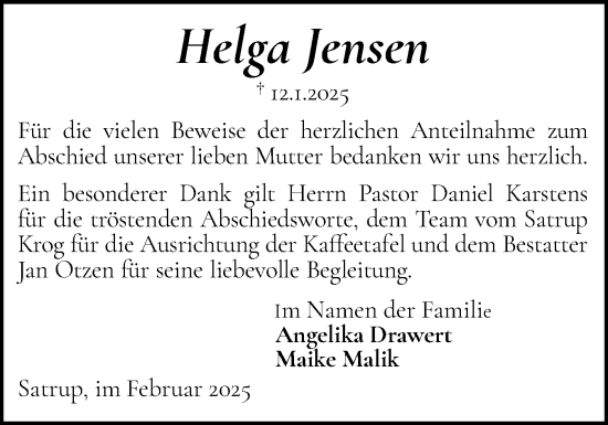 Traueranzeige von Helga Jensen von Flensburger Tageblatt