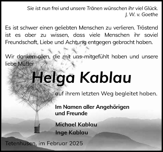Traueranzeige von Helga Kablau von Schleswig-Holsteinische Landeszeitung