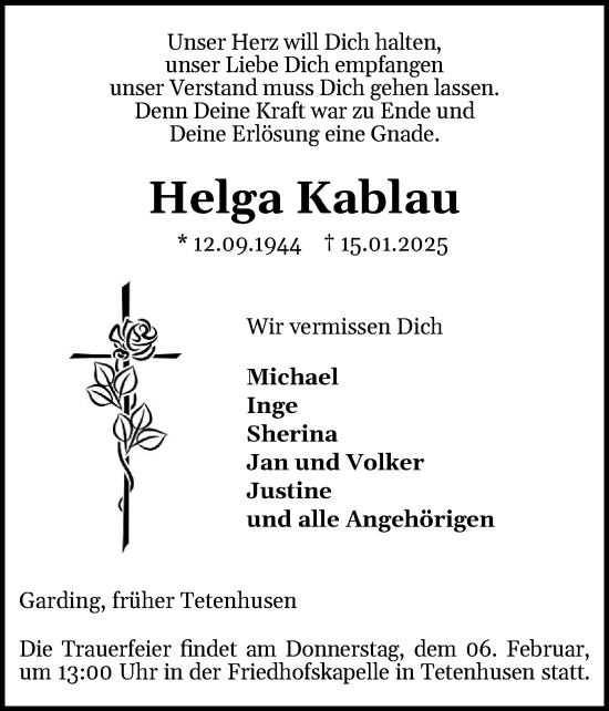 Traueranzeige von Helga Kablau von Schleswig-Holsteinische Landeszeitung