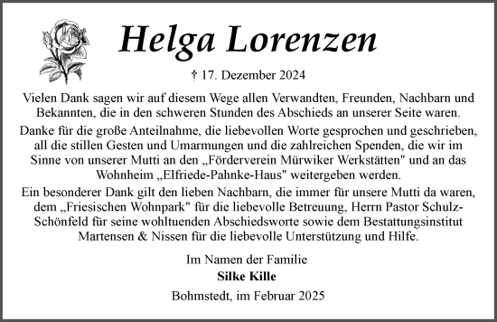 Traueranzeige von Helga Lorenzen von Husumer Nachrichten, Nordfriesland Tageblatt