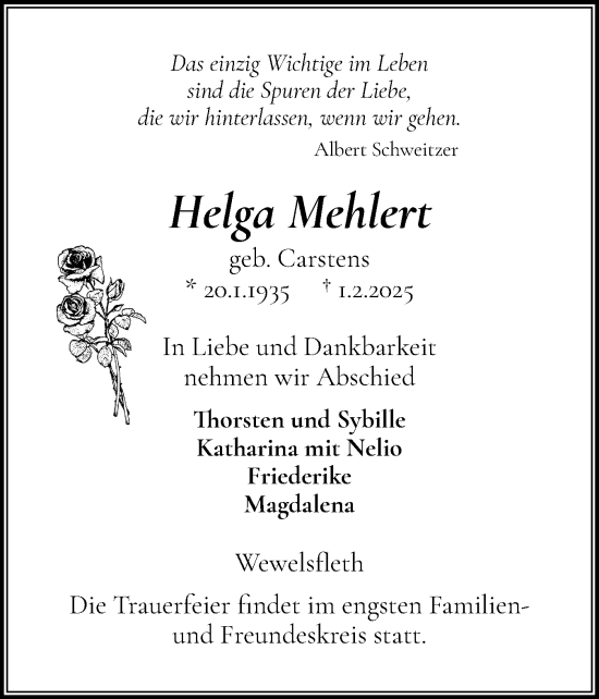 Traueranzeige von Helga Mehlert von Norddeutsche Rundschau, Wilstersche Zeitung, Glückstädter Fortuna