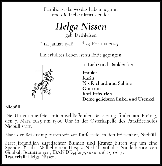 Traueranzeige von Helga Nissen von Husumer Nachrichten, Nordfriesland Tageblatt