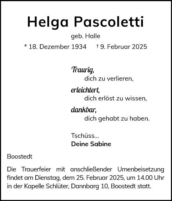 Traueranzeige von Helga Pascoletti von Holsteinischer Courier