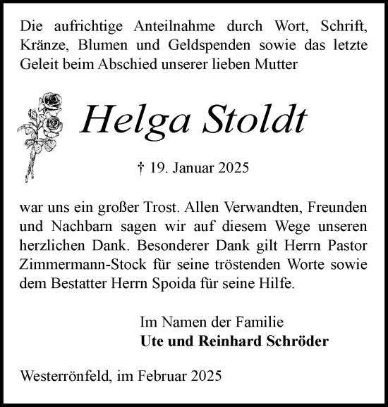 Traueranzeige von Helga Stoldt von Schleswig-Holsteinische Landeszeitung
