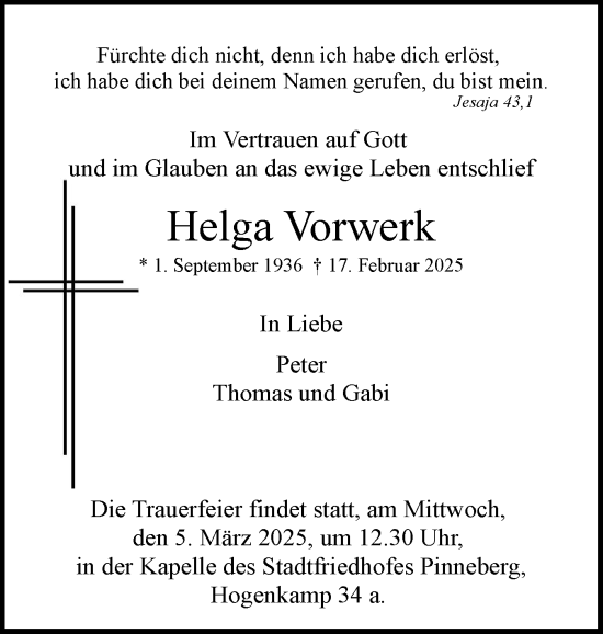 Traueranzeige von Helga Vorwerk von Region Pinneberg und tip Pinneberg