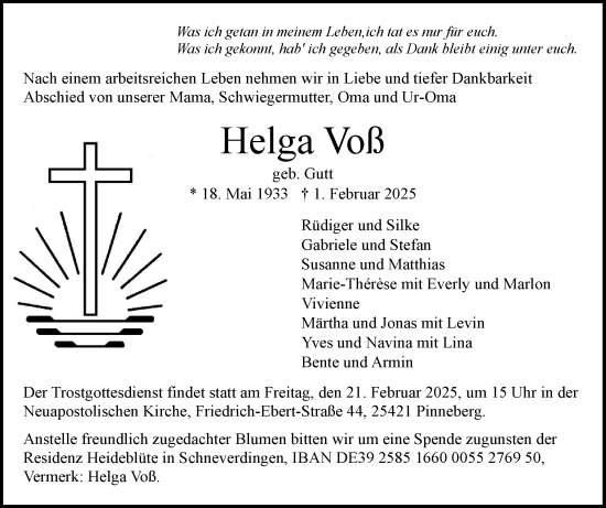 Traueranzeige von Helga Voß von Region Pinneberg und tip Pinneberg
