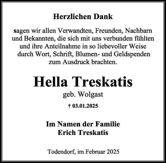 Traueranzeige von Hella Treskatis von MARKT Ahrensburg/Bargteheide/Trittau und Stormarner Tageblatt