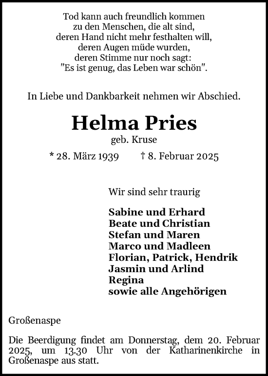 Traueranzeige von Helma Pries von Holsteinischer Courier