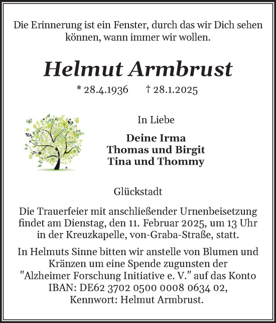 Traueranzeige von Helmut Armbrust von Norddeutsche Rundschau, Wilstersche Zeitung, Glückstädter Fortuna