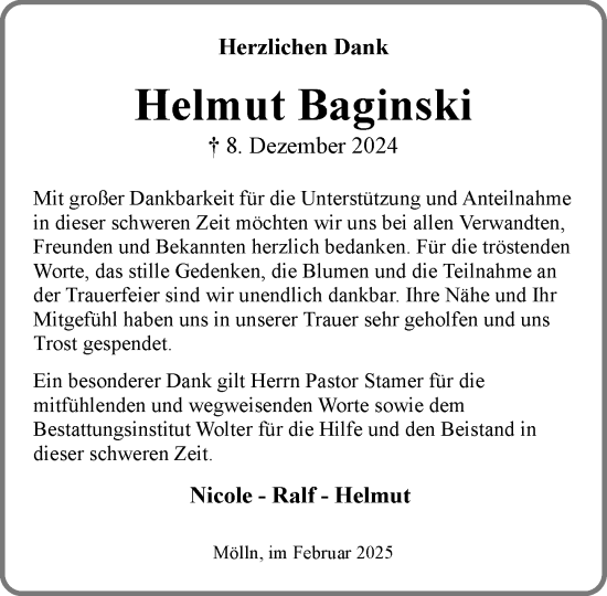 Traueranzeige von Helmut Baginski von MARKT Ratzeburg/Mölln