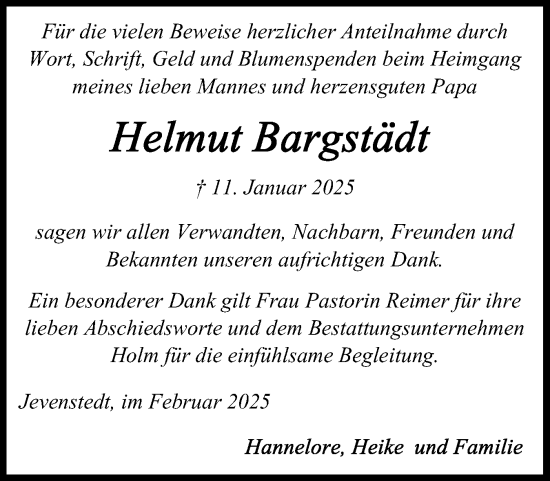 Traueranzeige von Helmut Bargstädt von Schleswig-Holsteinische Landeszeitung