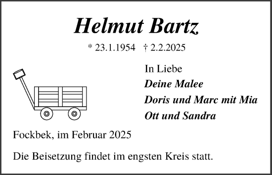 Traueranzeige von Helmut Bartz von Schleswig-Holsteinische Landeszeitung