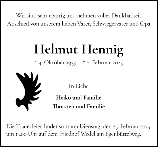 Traueranzeige von Helmut Hennig von Wedel-Schulauer Tageblatt, tip Wedel-Schulauer Tageblatt, tip Rissener Rundschau