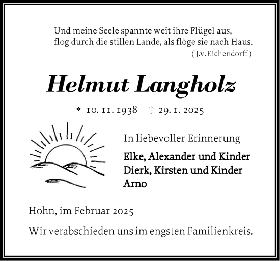 Traueranzeige von Helmut Langholz von Schleswig-Holsteinische Landeszeitung