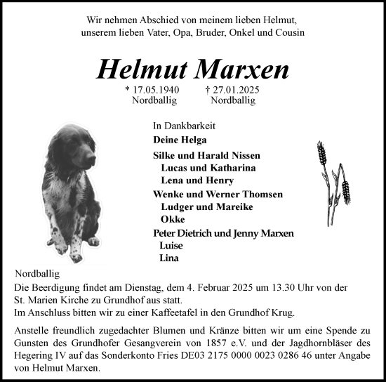 Traueranzeige von Helmut Marxen von Schleswiger Nachrichten, Schlei-Bote