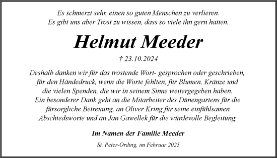 Traueranzeige von Helmut Meeder von Husumer Nachrichten, Nordfriesland Tageblatt