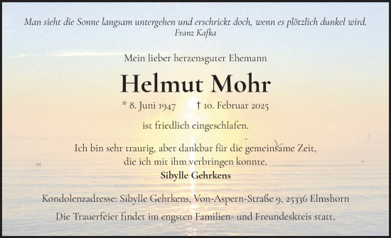 Traueranzeige von Helmut Mohr von Elmshorner Nachrichten, Barmstedter Zeitung