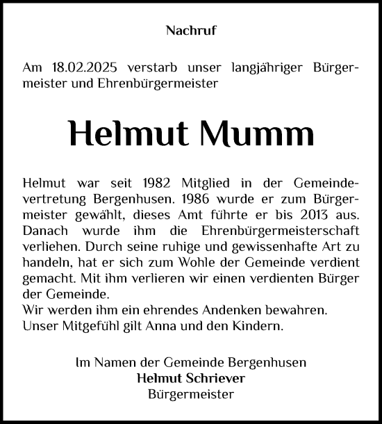 Traueranzeige von Helmut Mumm von Schleswig-Holsteinische Landeszeitung