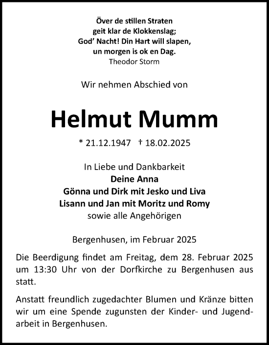 Traueranzeige von Helmut Mumm von Schleswig-Holsteinische Landeszeitung