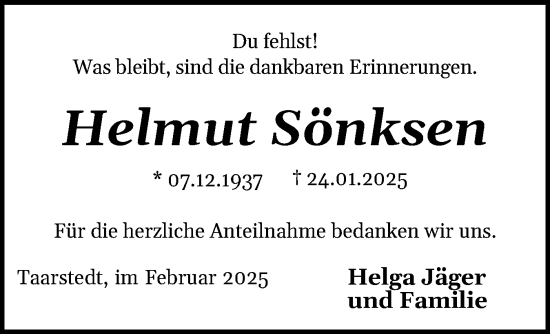 Traueranzeige von Helmut Sönksen von Schleswiger Nachrichten, Schlei-Bote
