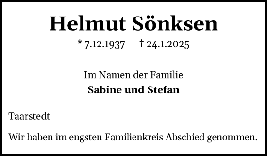 Traueranzeige von Helmut Sönksen von Schleswiger Nachrichten, Schlei-Bote