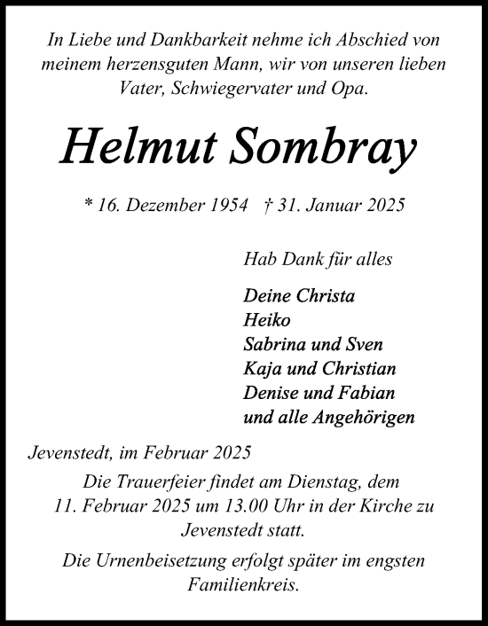 Traueranzeige von Helmut Sombray von Schleswig-Holsteinische Landeszeitung