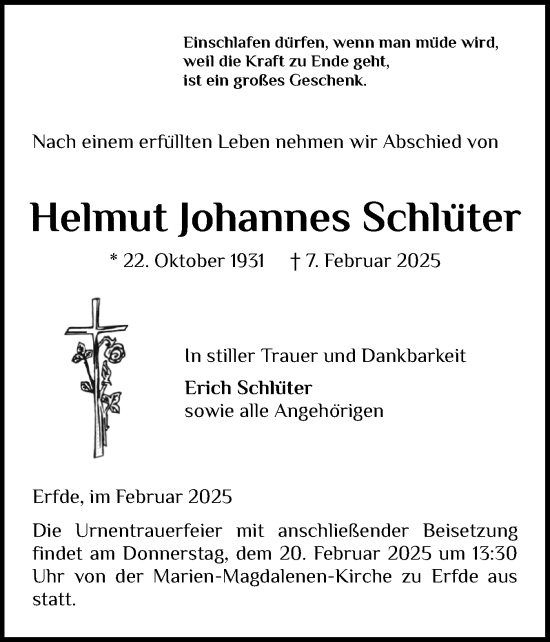 Traueranzeige von Helmut Johannes Schlüter von Schleswig-Holsteinische Landeszeitung