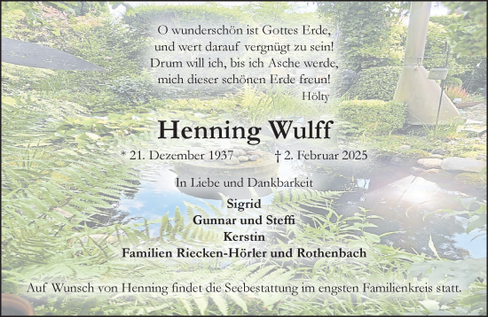 Traueranzeige von Henning Wulff von MARKT Ahrensburg/Bargteheide/Trittau und Stormarner Tageblatt