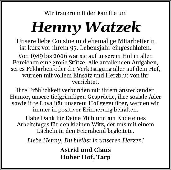 Traueranzeige von Henny Watzek von Flensburger Tageblatt