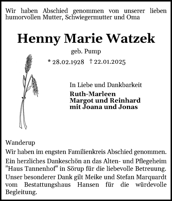 Traueranzeige von Henny Marie Watzek von Flensburger Tageblatt