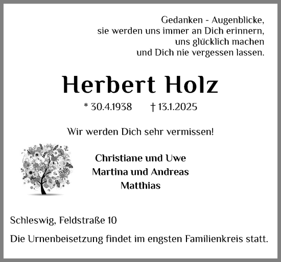 Traueranzeige von Herbert Holz von Schleswiger Nachrichten, Schlei-Bote