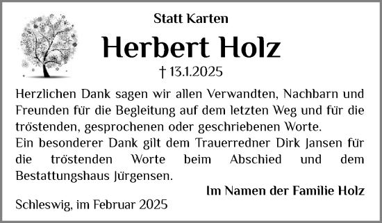 Traueranzeige von Herbert Holz von Schleswiger Nachrichten, Schlei-Bote